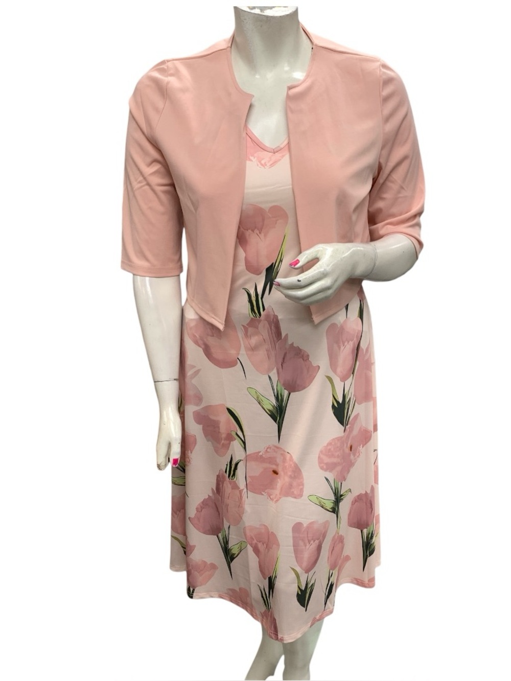Pink Floral Knee-Length Skirt Outfit with Matching Bolero Size Xl
